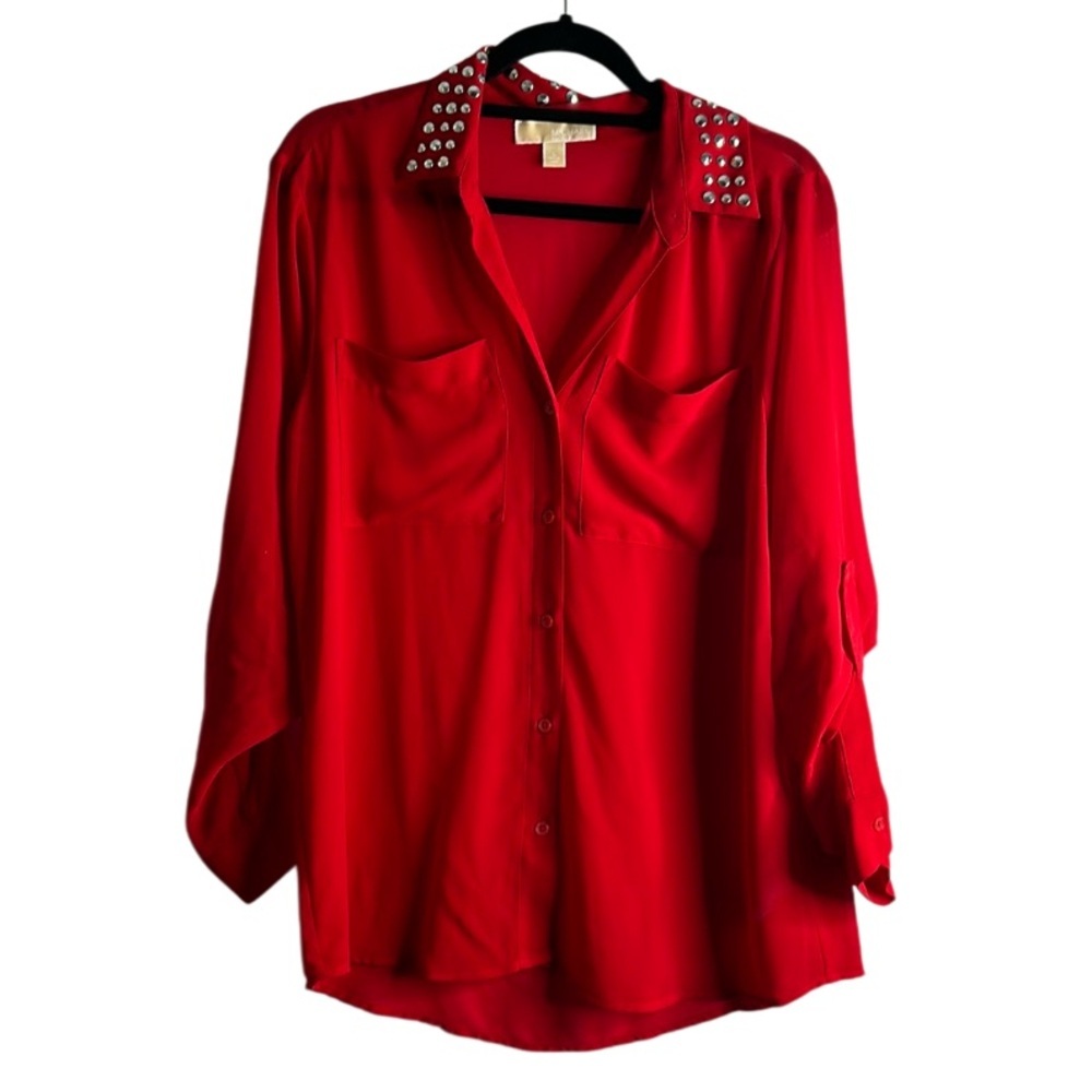 Michael kors red button down studs collar blouse size large